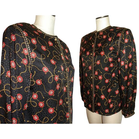 80s Scarf Print SILK Blouse | Fleur-de-Lis Tassel Black Red Gold Pattern | S - Picture 7 of 10